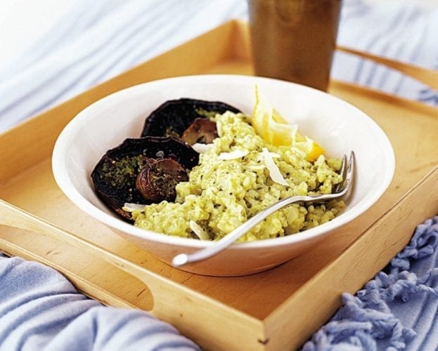 Pesto and lemon risotto with grilled mushrooms