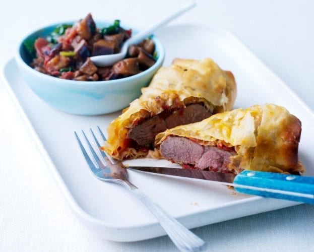 Filo lamb with spiced aubergine ragù