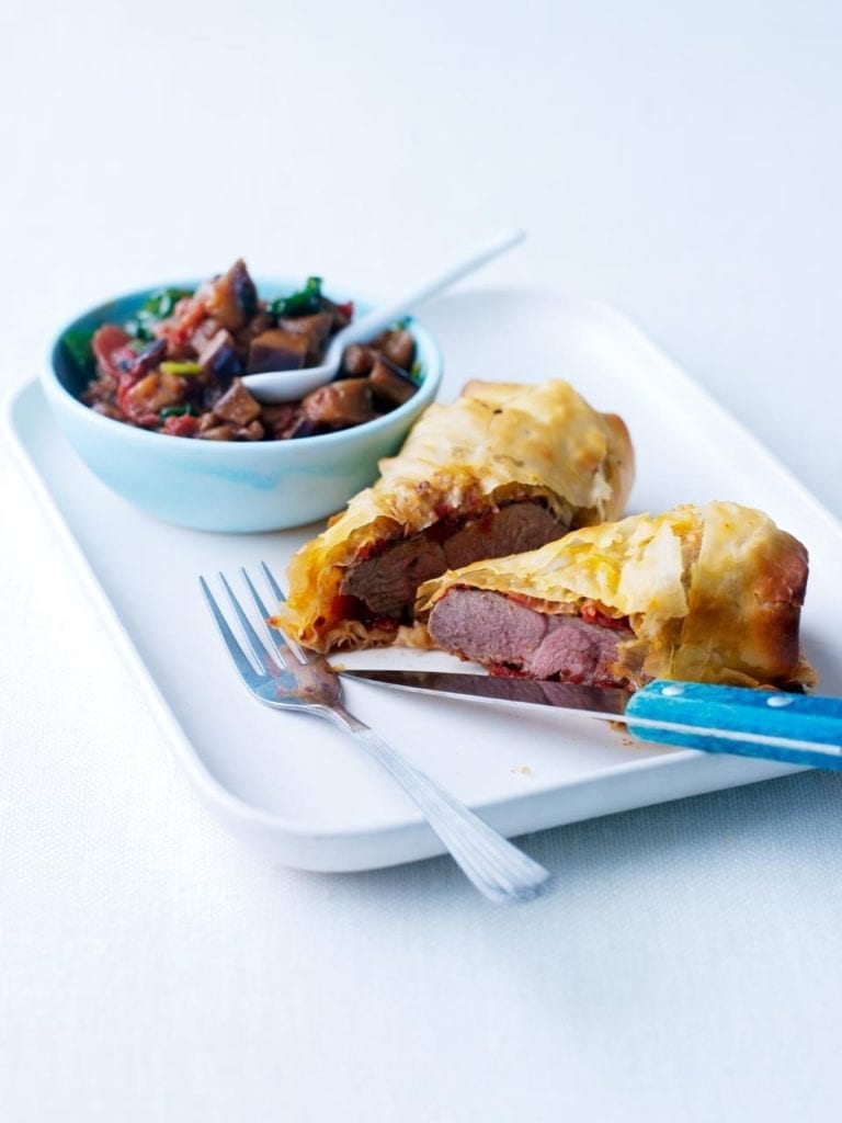 Filo lamb with spiced aubergine ragû