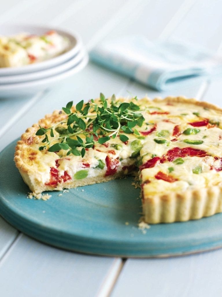 Broad bean and roasted pepper tart