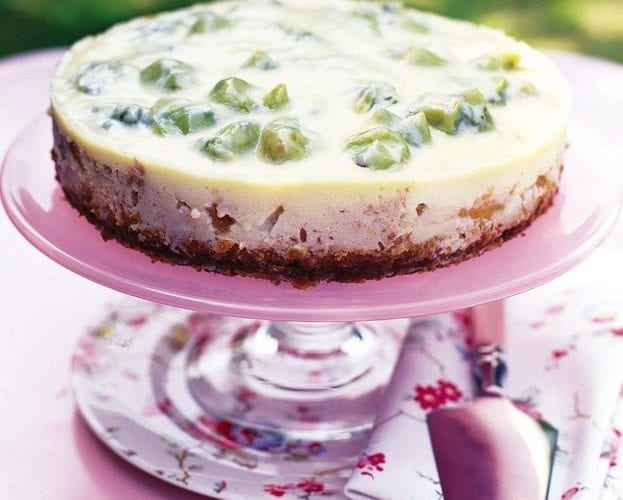 Baked gooseberry, ginger and crème fraîche cheesecake