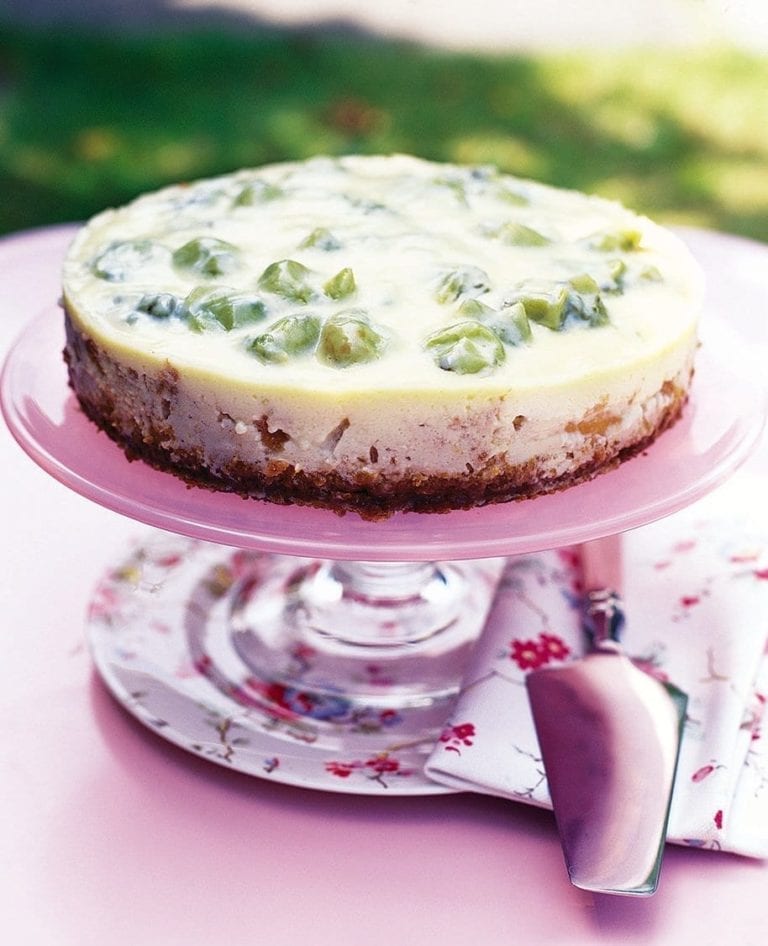 Baked gooseberry, ginger and crème fraîche cheesecake