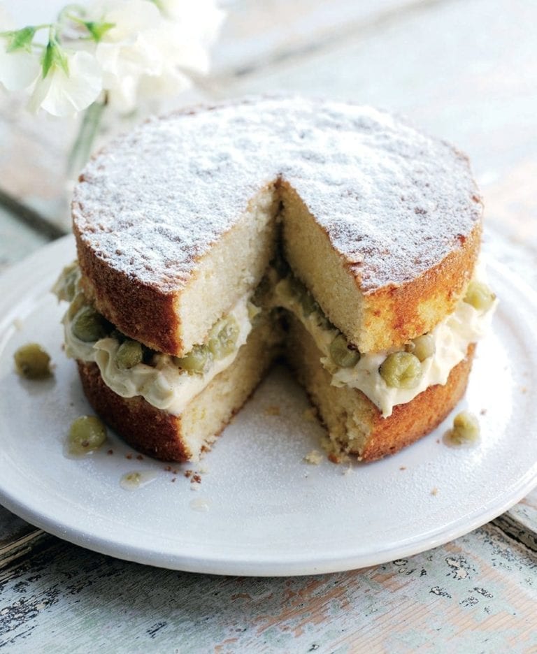 Victoria sponge with crème patissière and gooseberry compote