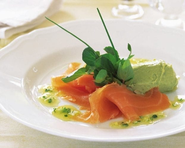 Sticky salmon with radish and avocado