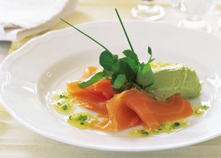 Smoked salmon with orange dressing and avocado pâté