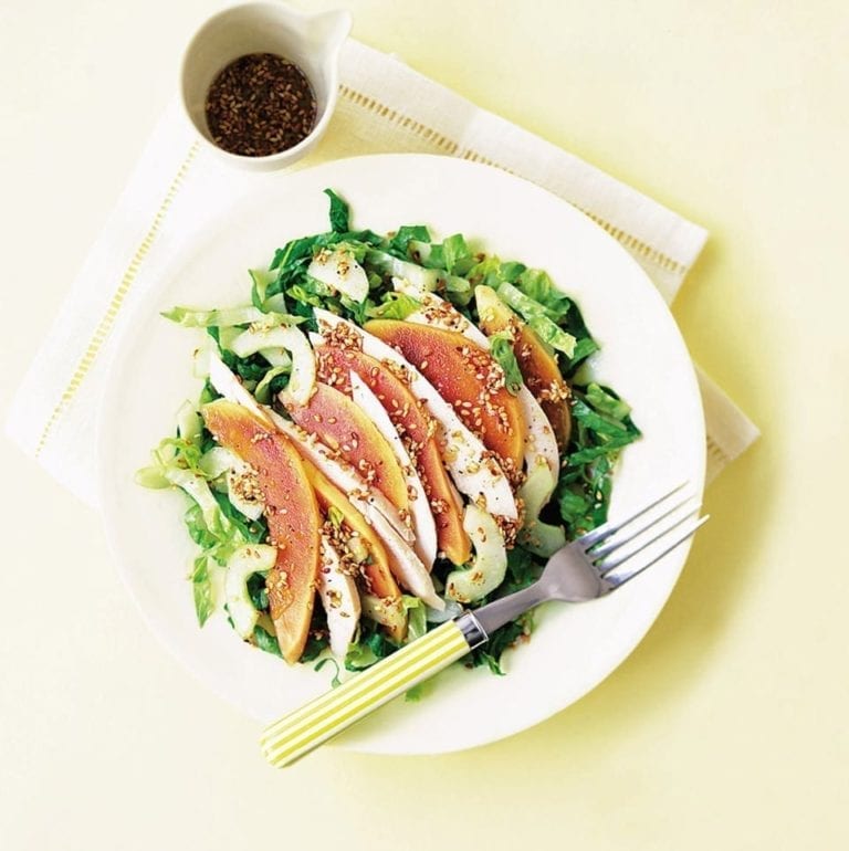 Smoked chicken and papaya salad with a ginger and sesame dressing