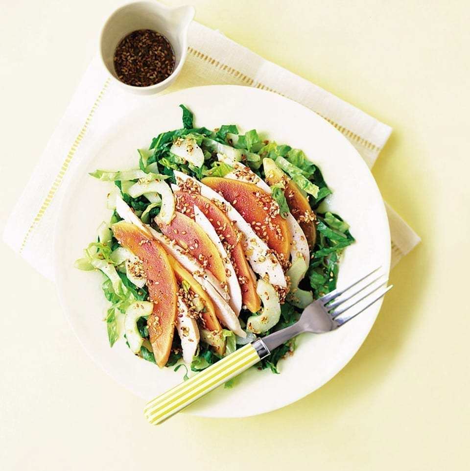 Smoked chicken and papaya salad with a ginger and sesame dressing recipe | delicious. magazine