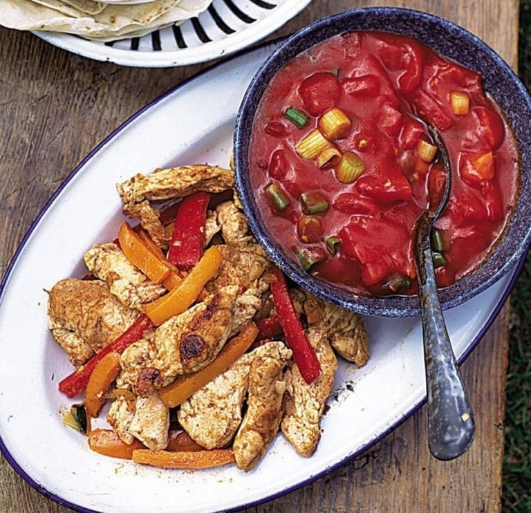 Chicken fajitas with tomato salsa recipe | delicious. magazine