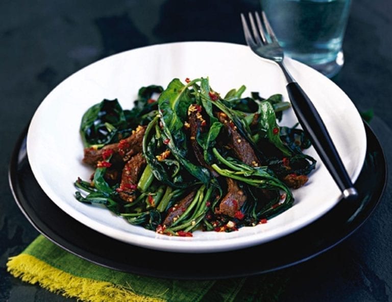 Stir-fried garlic chilli beef and ong choi