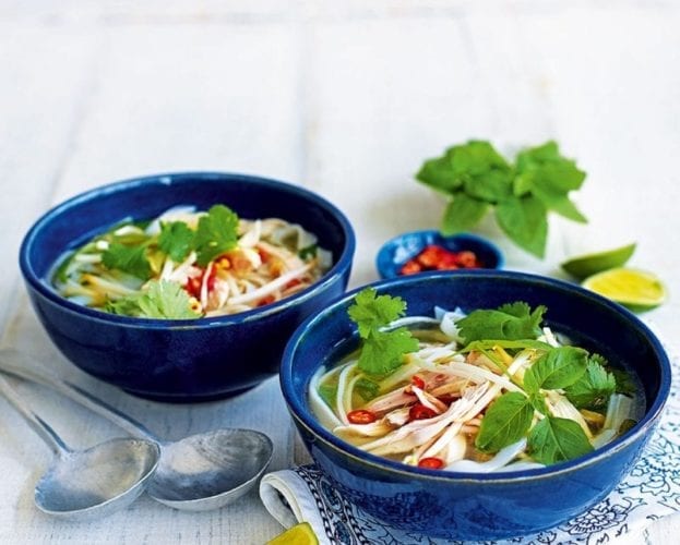 Chicken noodle soup with mint and lemon