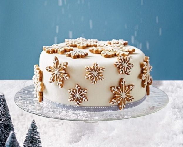 Christmas cake covered in snowflakes