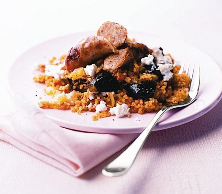 Sausages with aubergine bulgar pilaf