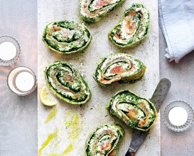 Salmon roulade sliced on a chopping board
