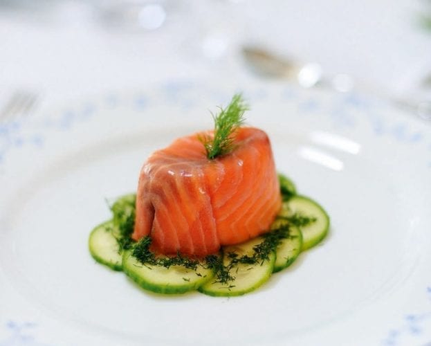 Sticky salmon with radish and avocado