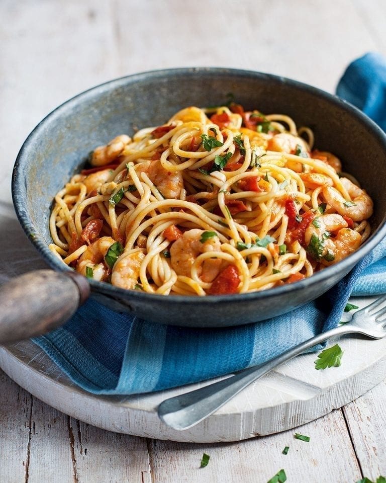 Chilli, tomato and prawn pasta – video