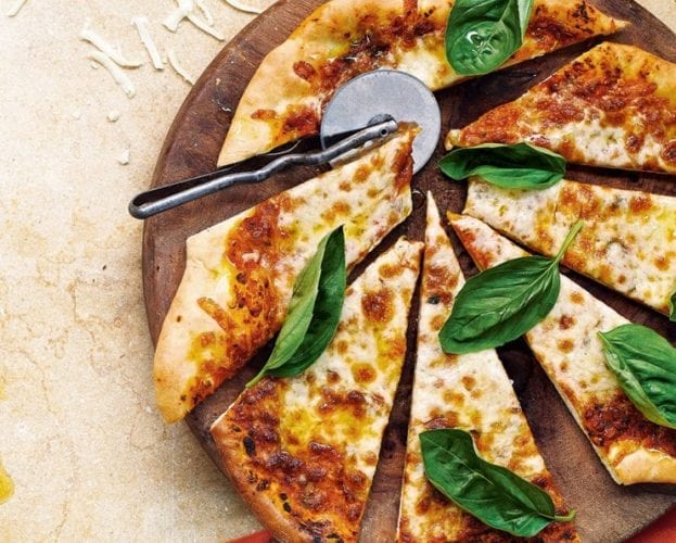Caramelised onion chutney and goat’s cheese tortilla pizza