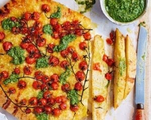 Pesto focaccia with vine tomatoes video recipe