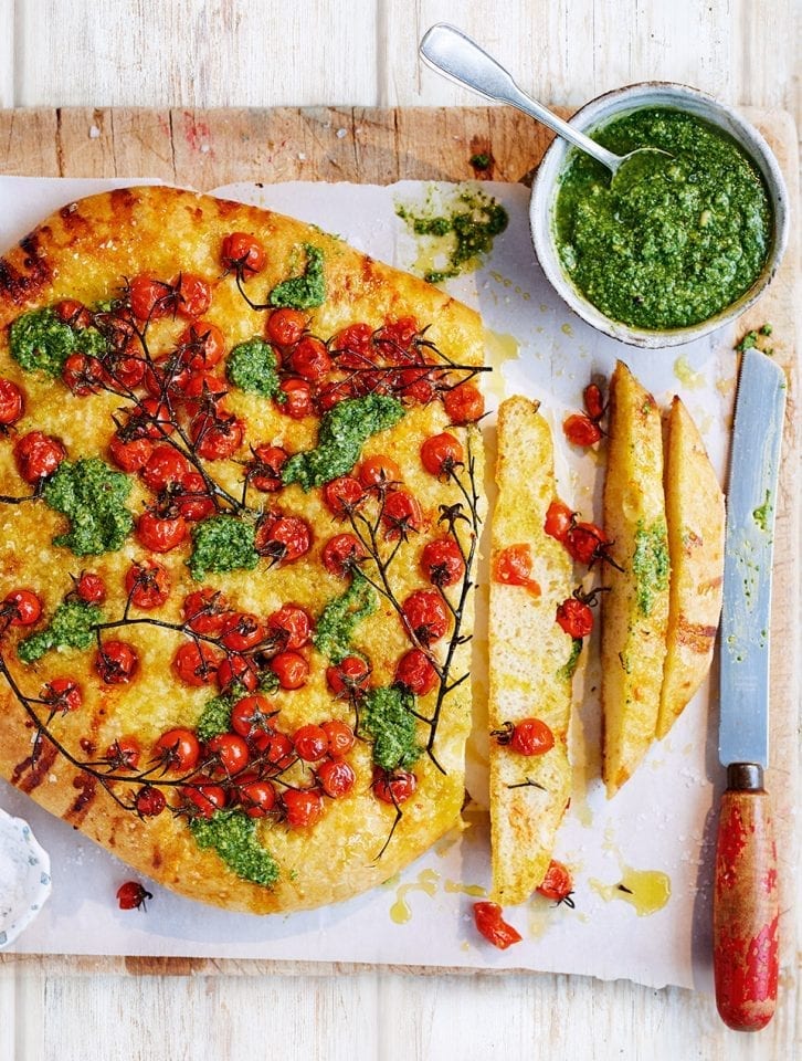 Pesto focaccia with vine tomatoes video recipe