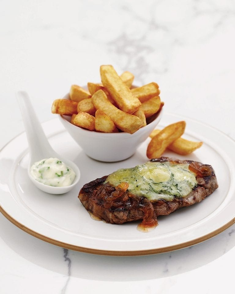 Cheat’s griddled steaks with caramelised onions and garlic mayo