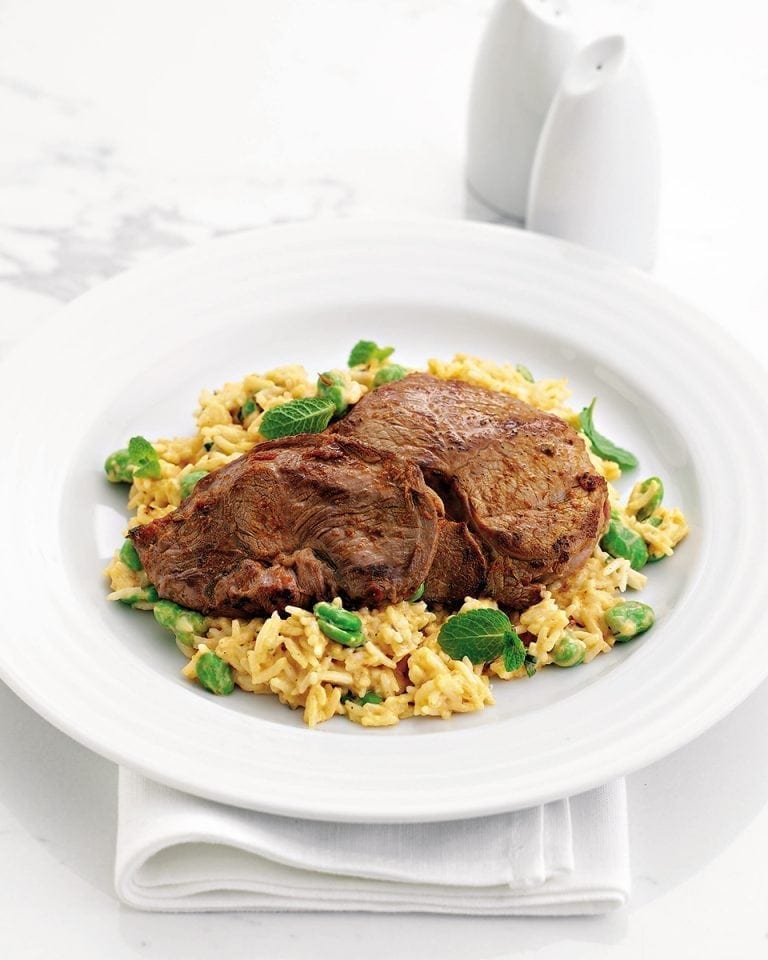 Cheat's spicy lamb steaks with coconut and broad bean rice recipe