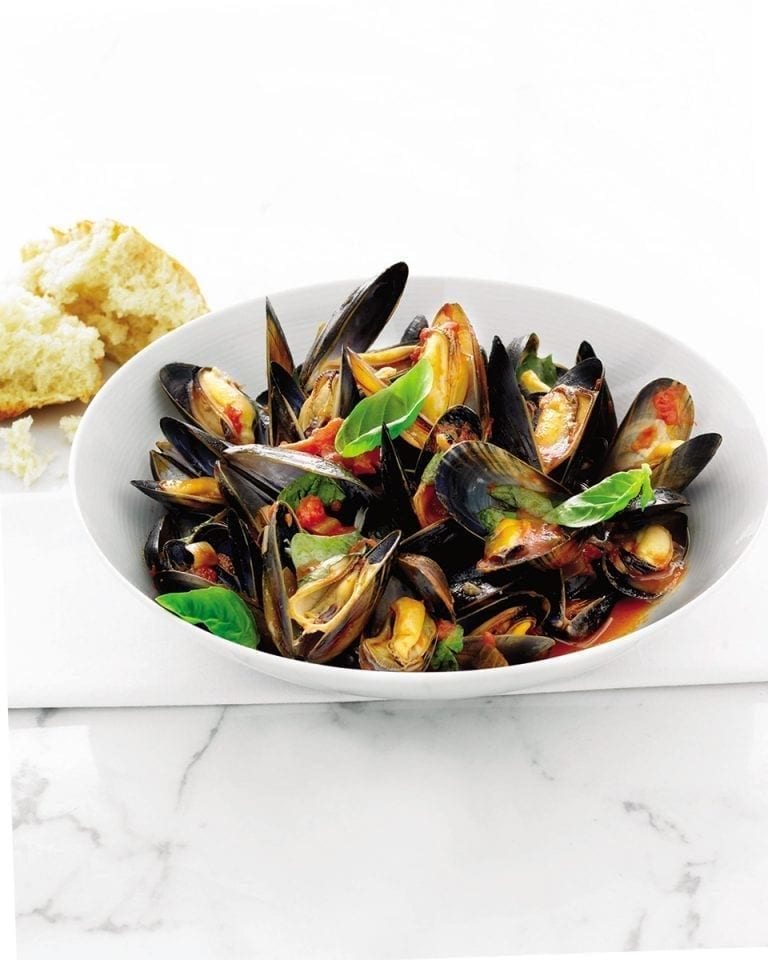 Quick mussels with wine and basil tomatoes