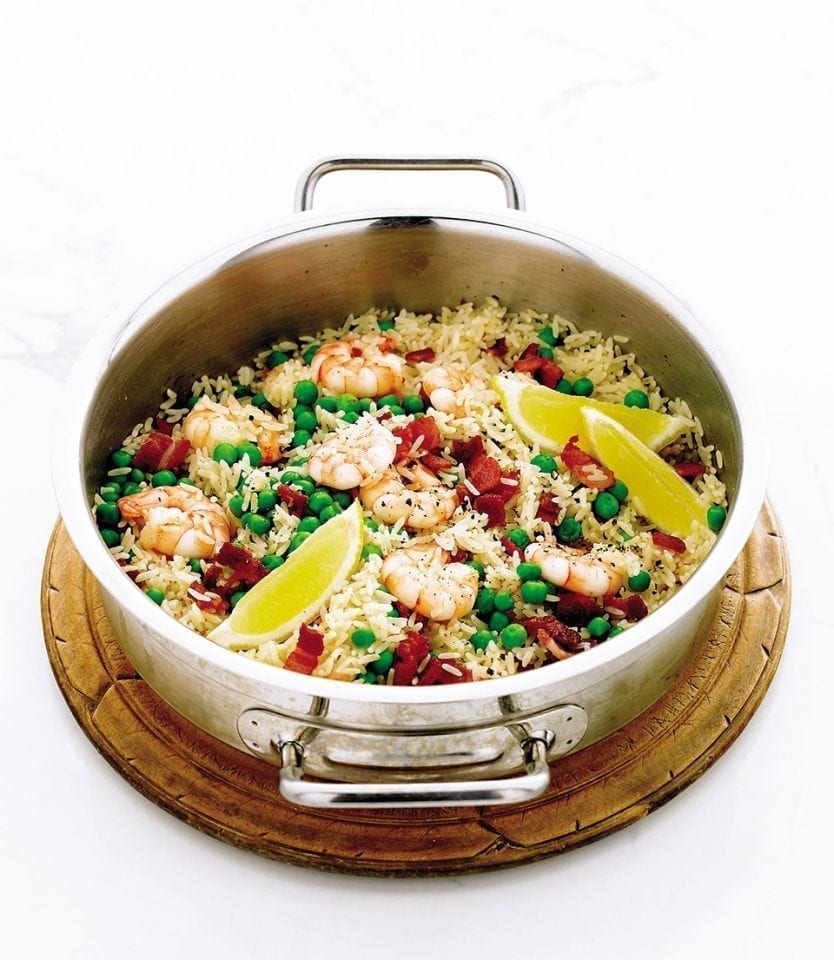 Quick prawn, pea and bacon rice recipe delicious. magazine