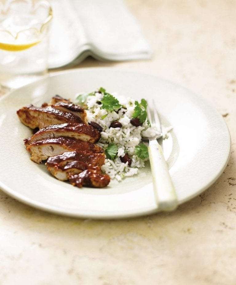 Quick Caribbean chicken with rice and beans