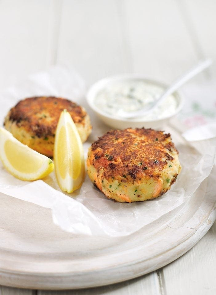 Cheat’s trout fishcakes with herby crème fraîche