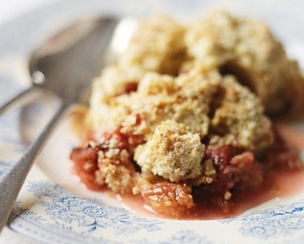 Plum crumble on a white and blue plate