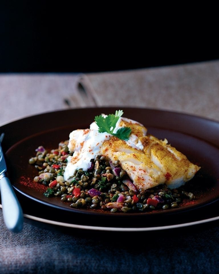 Roast cod on spiced Puy lentils