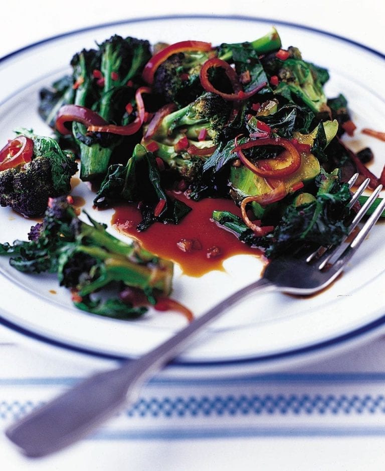 Stir-fried purple sprouting broccoli