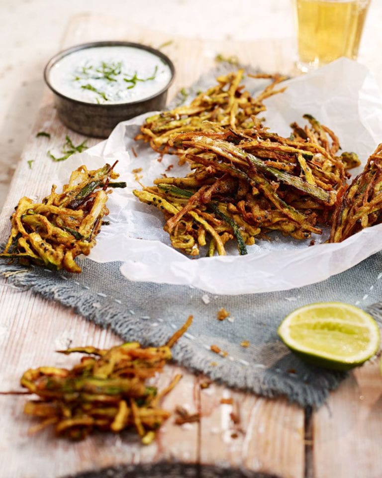 Spiced courgette fritters with mint and jalapeño dip