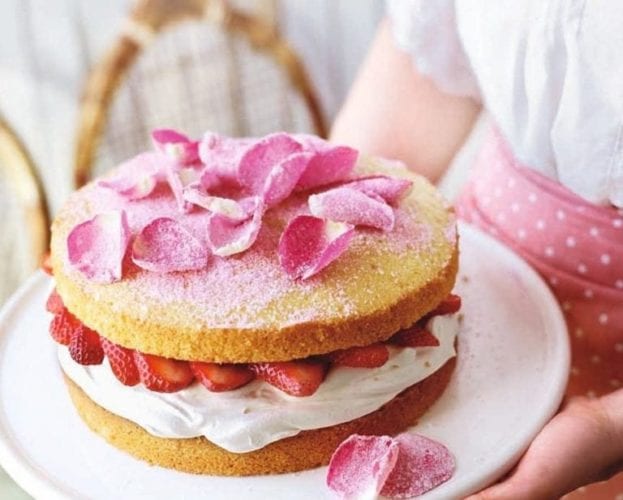 VIctoria sponge cake with rose petals on top