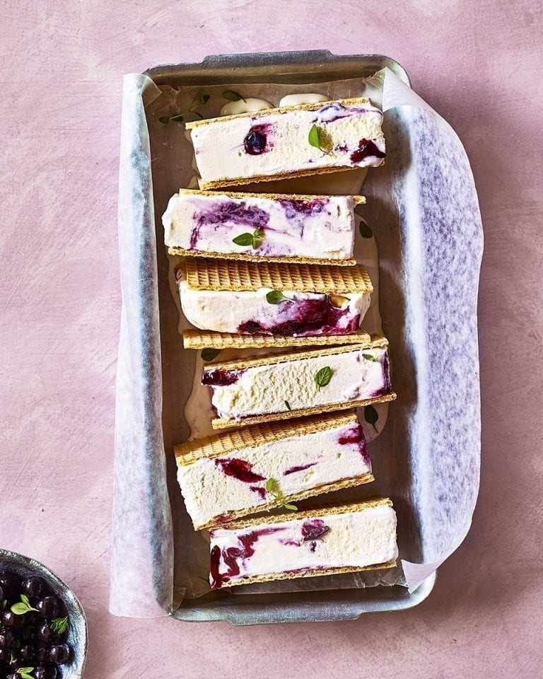 No-churn blackcurrant ripple ice cream sandwiches – video