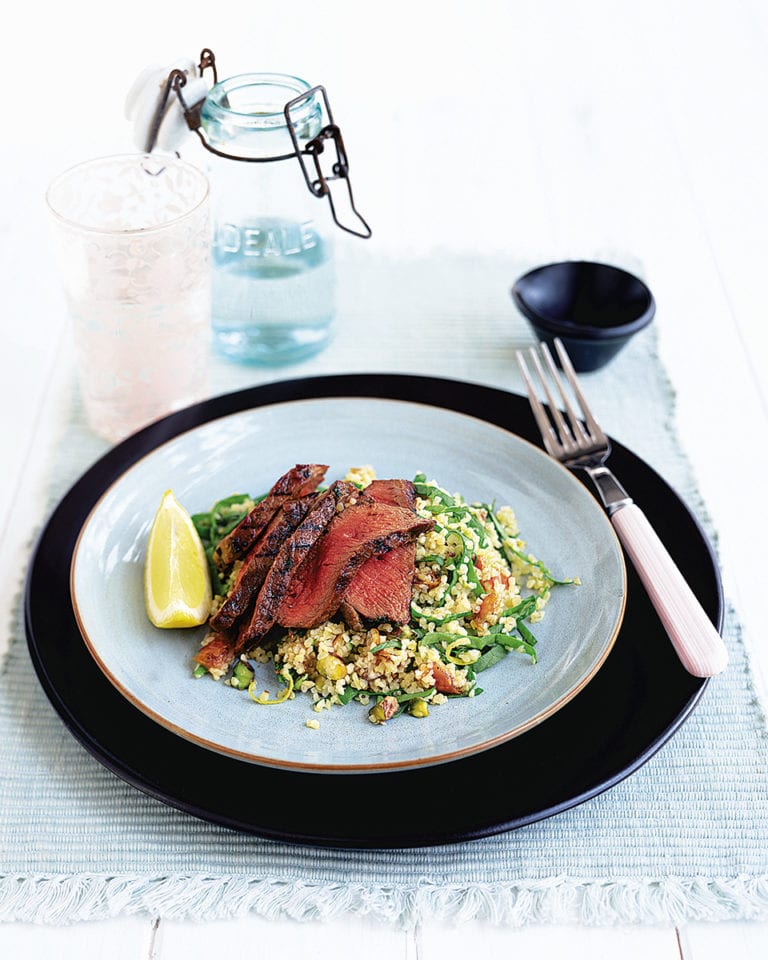 Griddled lamb steaks with date, spinach and pistachio bulgur wheat