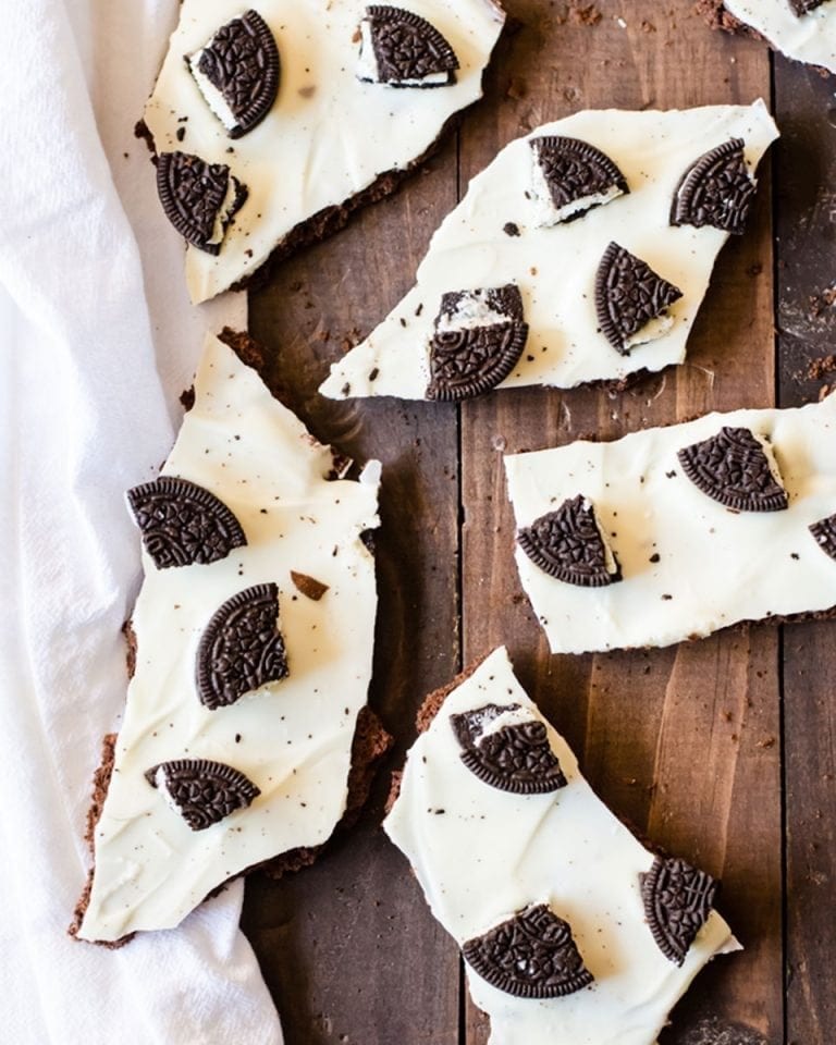 Oreo biscuits on white chocolate