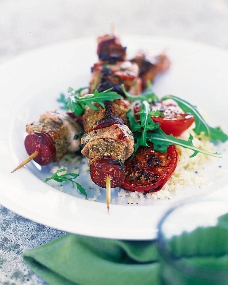 Pork and chorizo kebabs