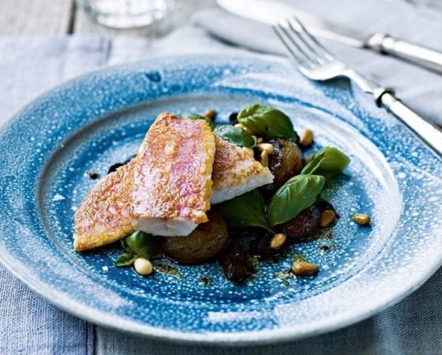 Pan-fried red mullet with a basil, olive and shallot salad