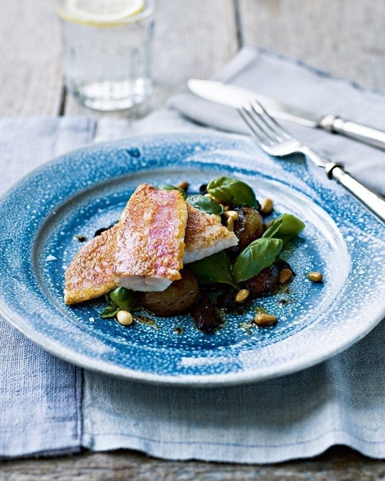 Pan-fried red mullet with a basil, olive and shallot salad