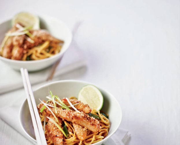 Sesame-crusted chicken with chilli and soy noodles