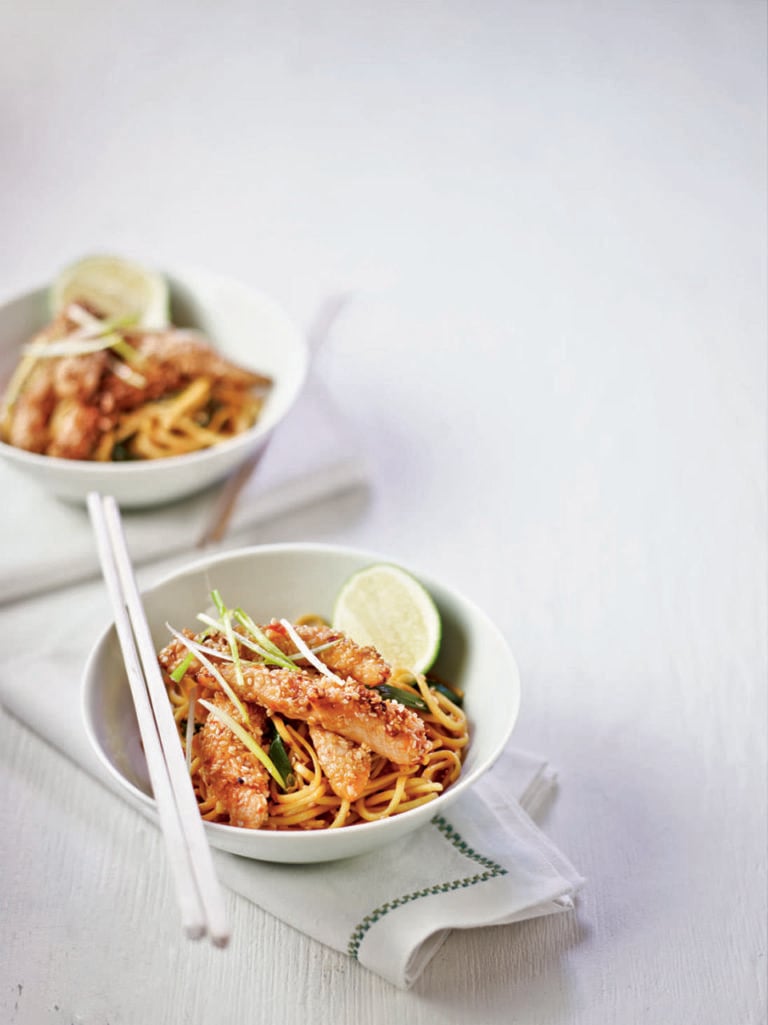 Sesame-crusted chicken with chilli and soy noodles