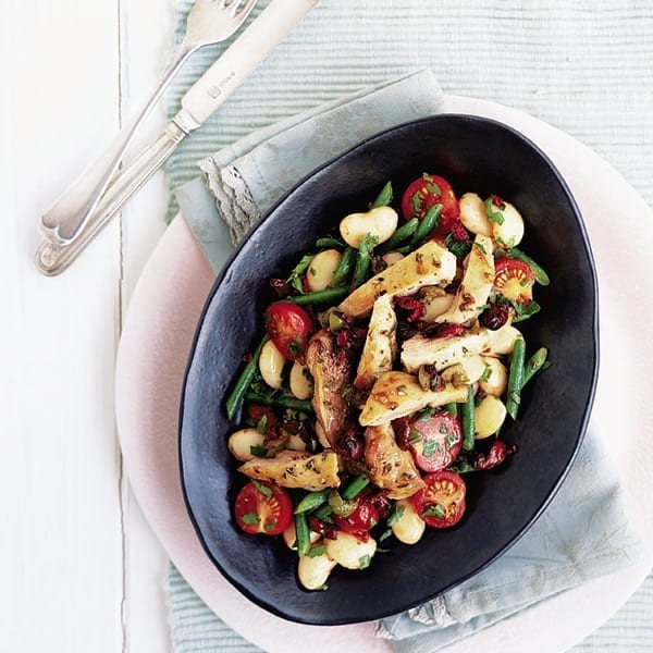 Lemon, olive and rosemary chicken with butter bean salad