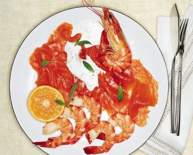 Smoked salmon and fresh prawn platter with mint and orange