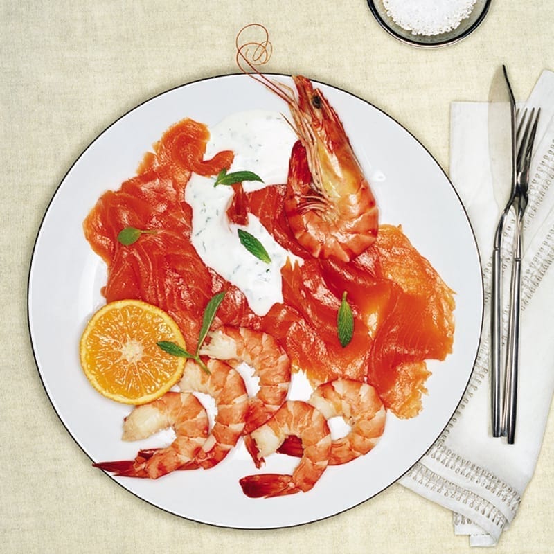 Smoked salmon and fresh prawn platter with mint and orange recipe