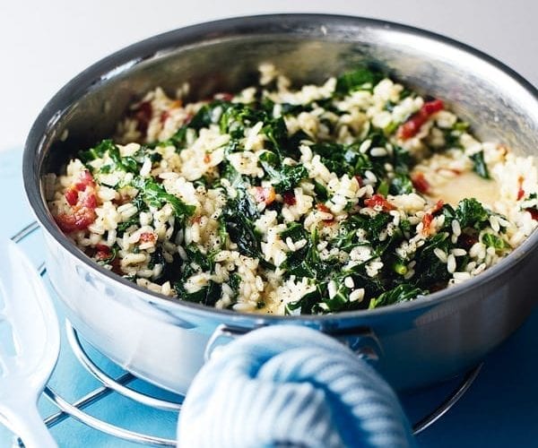 Winter green risotto with crunchy bacon