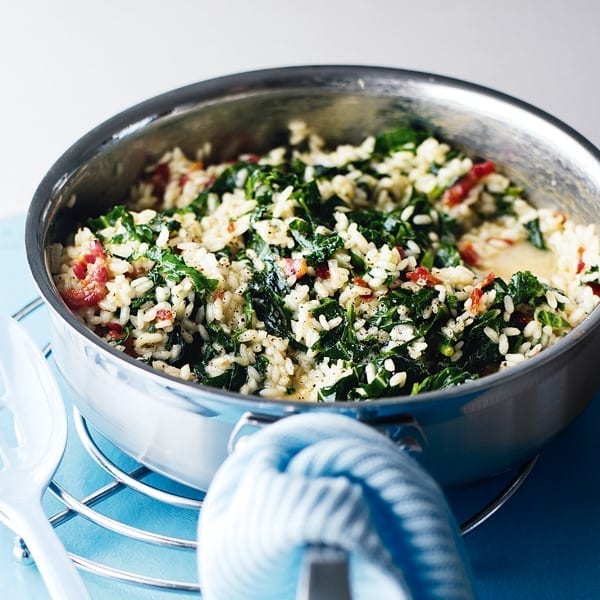 Winter green risotto with crunchy bacon