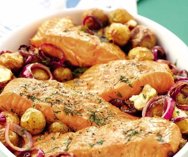 Easy mustard and dill salmon with new potatoes and asparagus