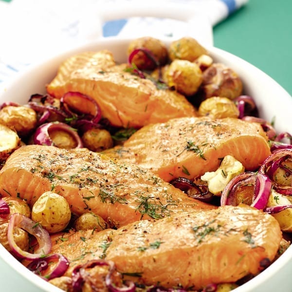 Dill-roasted salmon and new potatoes