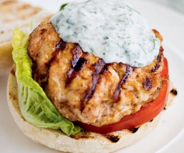 Harissa turkey burgers with a watercress tzatziki