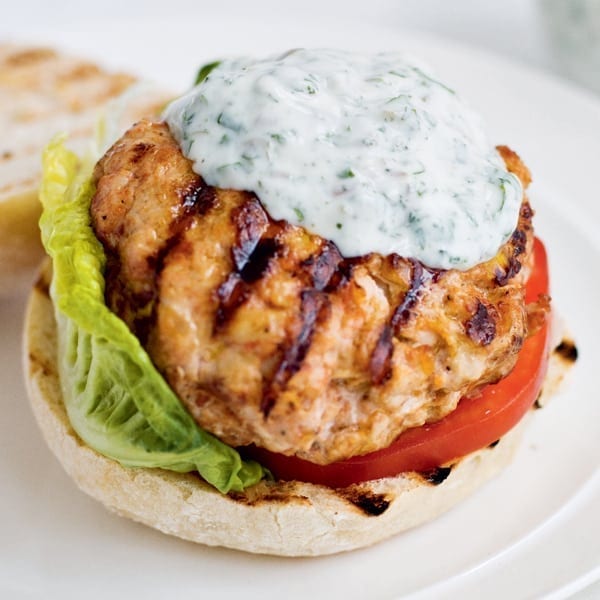 Harissa turkey burgers with a watercress tzatziki